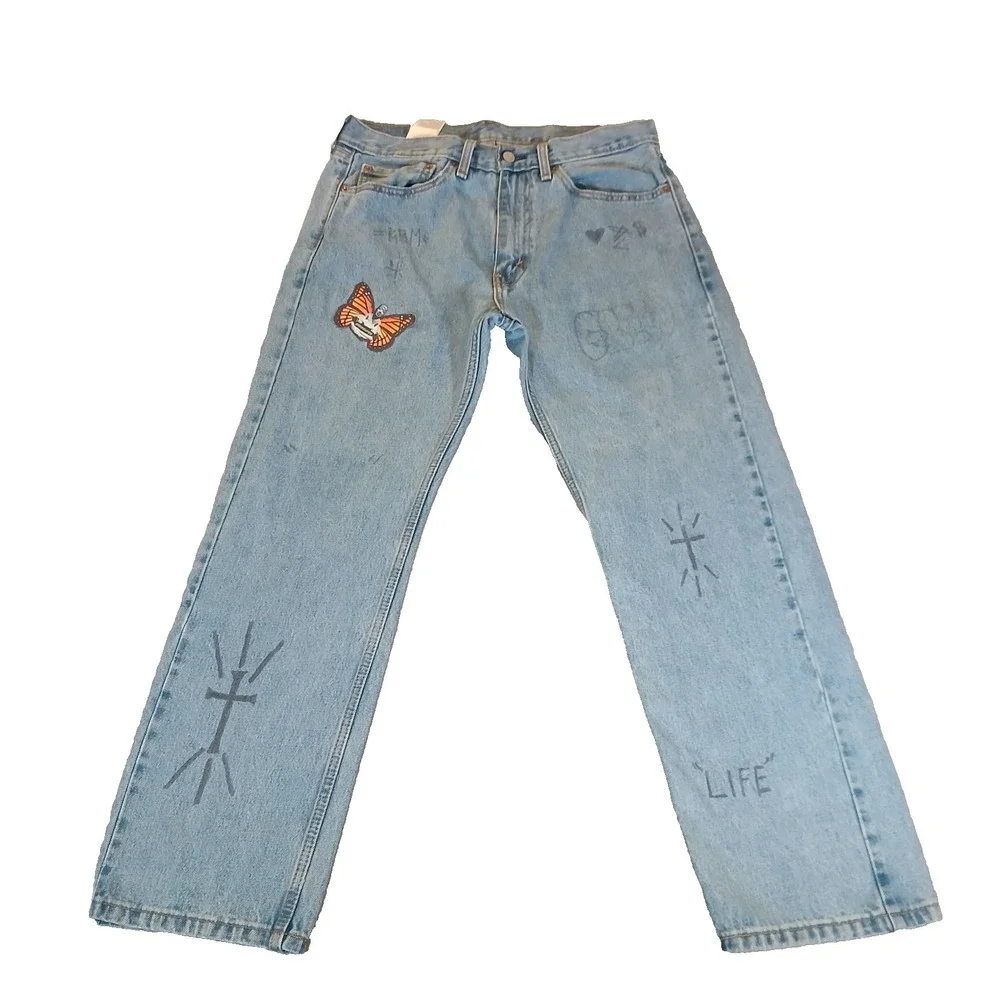 Levis 505 Jeans Mens 34x29 Blue Medium Wash Straight Denim Pants Logo Patches